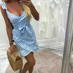 Women's Fashion Personality Summer Sleeveless Plaid Drawstring Casual Mini Dress - EX-STOCK CANADA