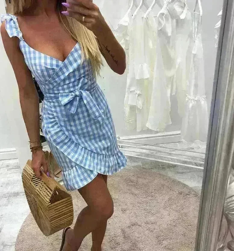 Women's Fashion Personality Summer Sleeveless Plaid Drawstring Casual Mini Dress - EX-STOCK CANADA