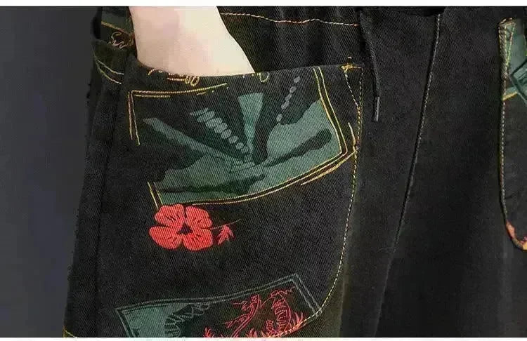 Women's Fashion Plus Size Age Reduction Print Suspender Jeans - EX-STOCK CANADA