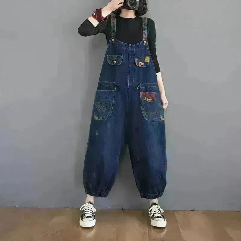 Women's Fashion Plus Size Age Reduction Print Suspender Jeans - EX-STOCK CANADA
