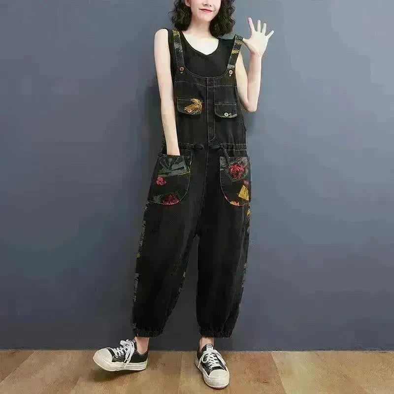 Women's Fashion Plus Size Age Reduction Print Suspender Jeans - EX-STOCK CANADA