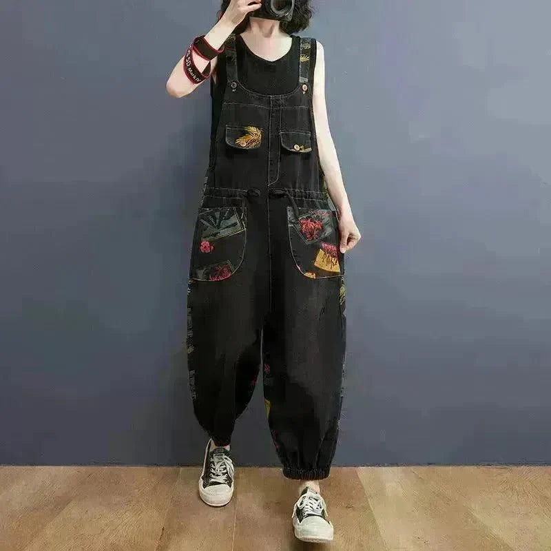Women's Fashion Plus Size Age Reduction Print Suspender Jeans - EX-STOCK CANADA