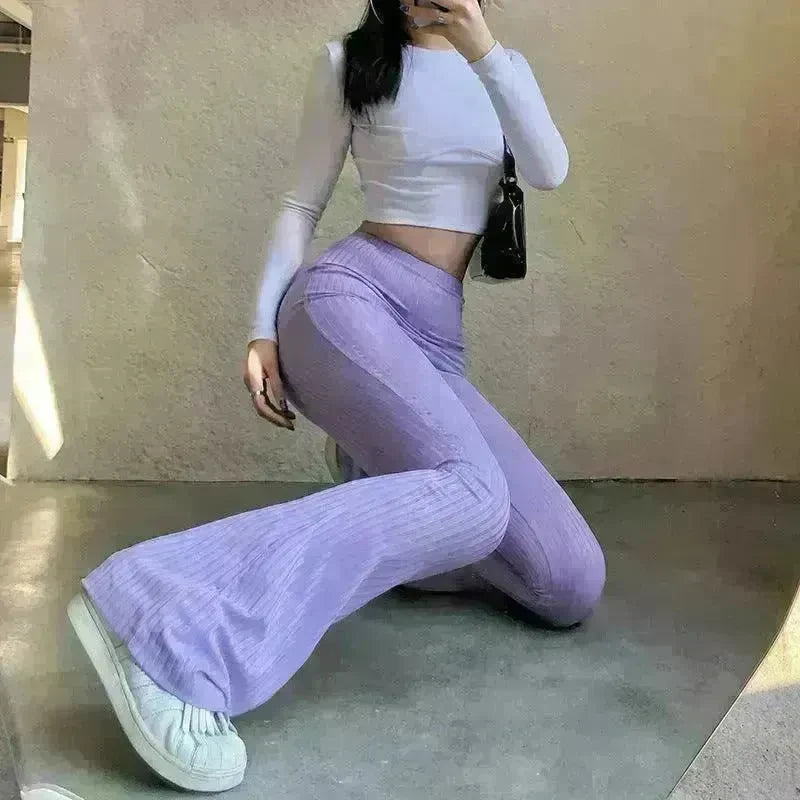 Women's Fashion Solid Color Tight-fitting High-waist Micro-cut Stretch Casual High rise Wide Leg Pant Trousers - EX-STOCK CANADA