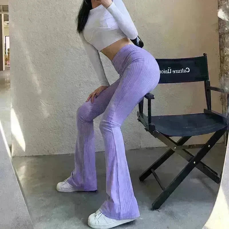 Women's Fashion Solid Color Tight-fitting High-waist Micro-cut Stretch Casual High rise Wide Leg Pant Trousers - EX-STOCK CANADA