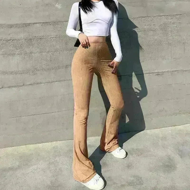 Women's Fashion Solid Color Tight-fitting High-waist Micro-cut Stretch Casual High rise Wide Leg Pant Trousers - EX-STOCK CANADA