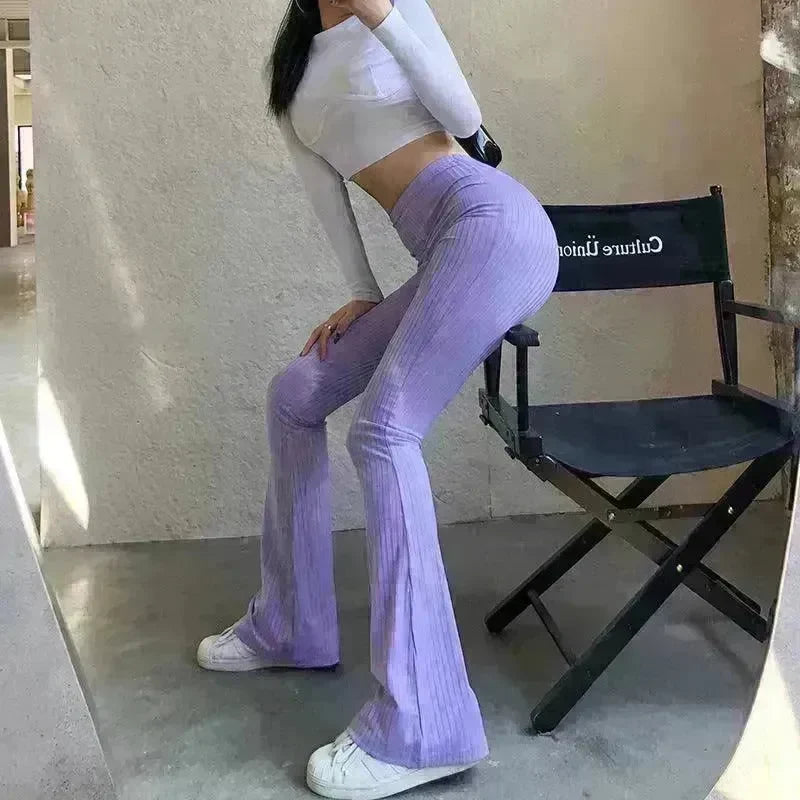Women's Fashion Solid Color Tight-fitting High-waist Micro-cut Stretch Casual High rise Wide Leg Pant Trousers - EX-STOCK CANADA