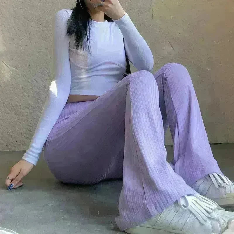 Women's Fashion Solid Color Tight-fitting High-waist Micro-cut Stretch Casual High rise Wide Leg Pant Trousers - EX-STOCK CANADA