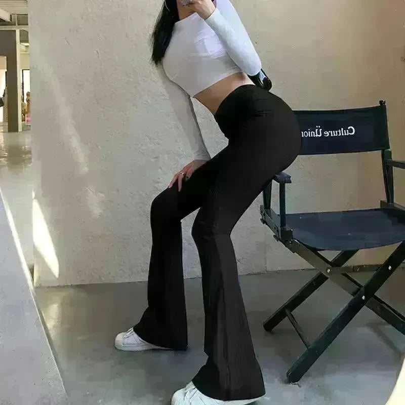 Women's Fashion Solid Color Tight-fitting High-waist Micro-cut Stretch Casual High rise Wide Leg Pant Trousers - EX-STOCK CANADA