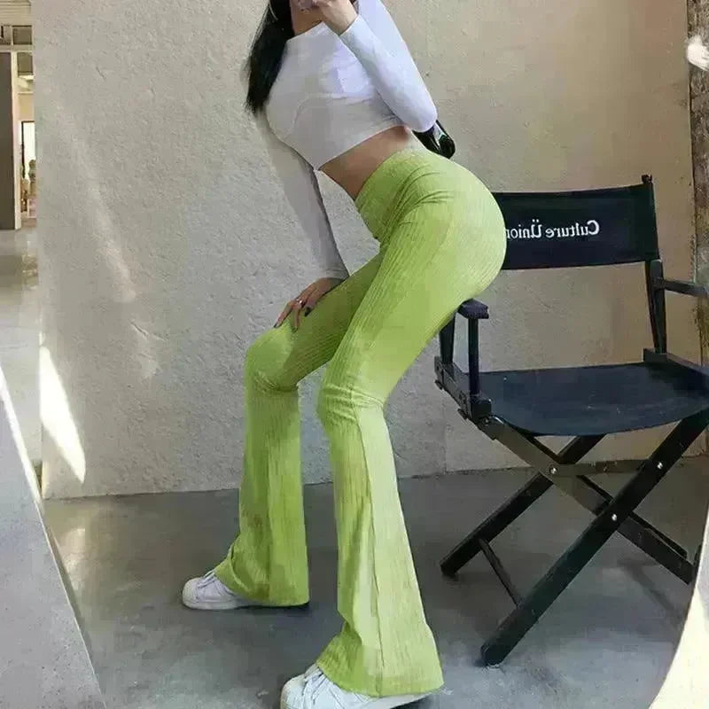 Women's Fashion Solid Color Tight-fitting High-waist Micro-cut Stretch Casual High rise Wide Leg Pant Trousers - EX-STOCK CANADA