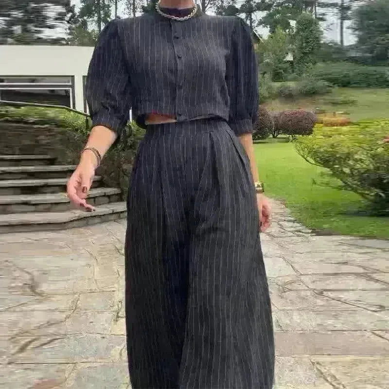 Women's Fashion Striped Printed Crew Neck Top Wide-leg Pants Two-piece Set - EX-STOCK CANADA