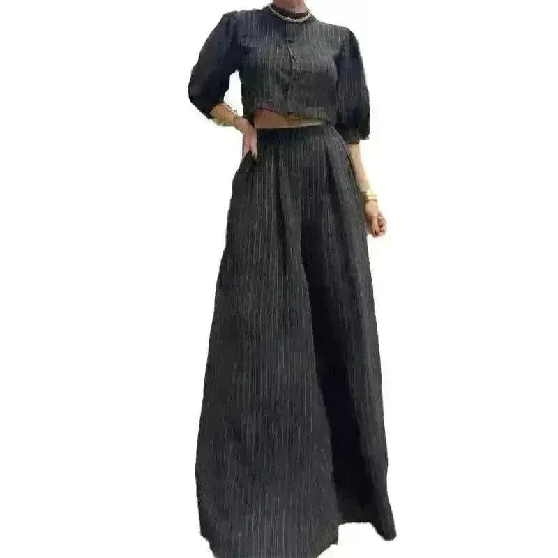 Women's Fashion Striped Printed Crew Neck Top Wide-leg Pants Two-piece Set - EX-STOCK CANADA