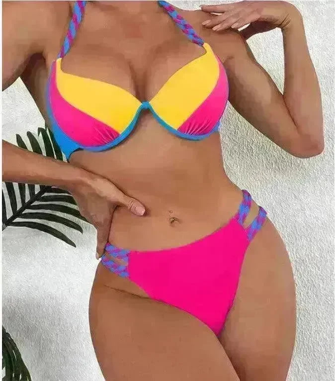 Women's Fashion Temperament Color Matching Triangle High Waist Bikini Swimsuit Two-piece - EX-STOCK CANADA