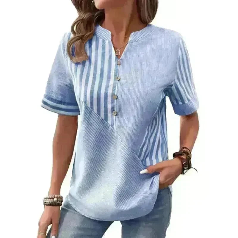 Women's Fashion V-neck Asymmetric Stripes Patchwork Top - EX-STOCK CANADA
