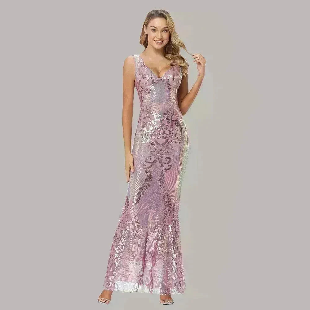 Women's Fashionable Sequin High Waist Sleeveless V-Neck Evening Gown - EX-STOCK CANADA