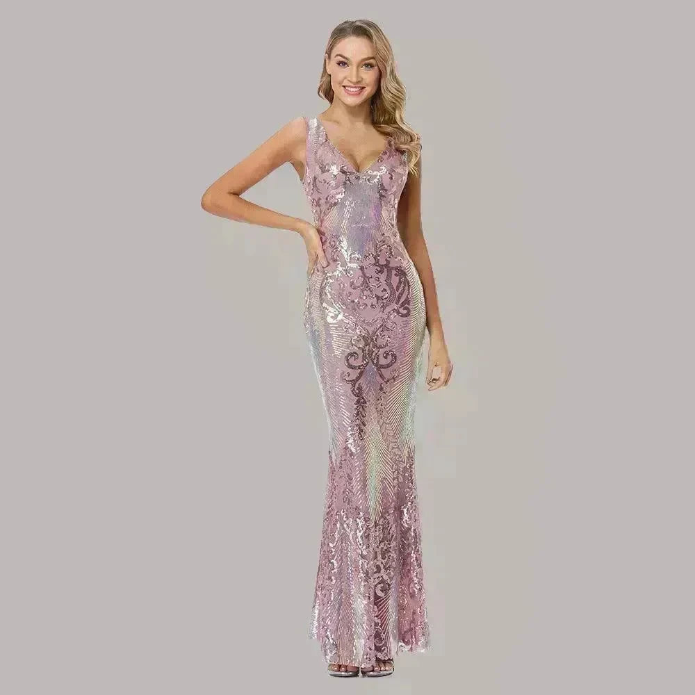Women's Fashionable Sequin High Waist Sleeveless V-Neck Evening Gown - EX-STOCK CANADA