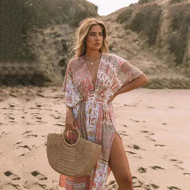 Women's Flowers Printed Dress Bohemian Irregular Beach Clothes - EX-STOCK Canada