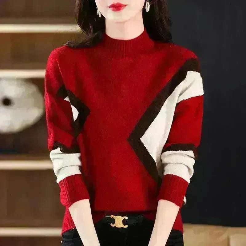 Women's Half Turtleneck Loose-fitting Versatile Sweater Color Matching Knitted Bottoming Shirt - EX-STOCK CANADA