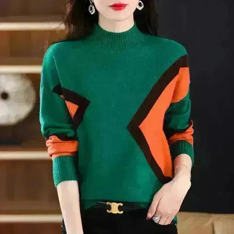 Women's Half Turtleneck Loose-fitting Versatile Sweater Color Matching Knitted Bottoming Shirt - EX-STOCK CANADA