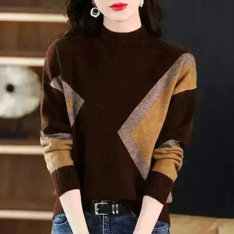Women's Half Turtleneck Loose-fitting Versatile Sweater Color Matching Knitted Bottoming Shirt - EX-STOCK CANADA