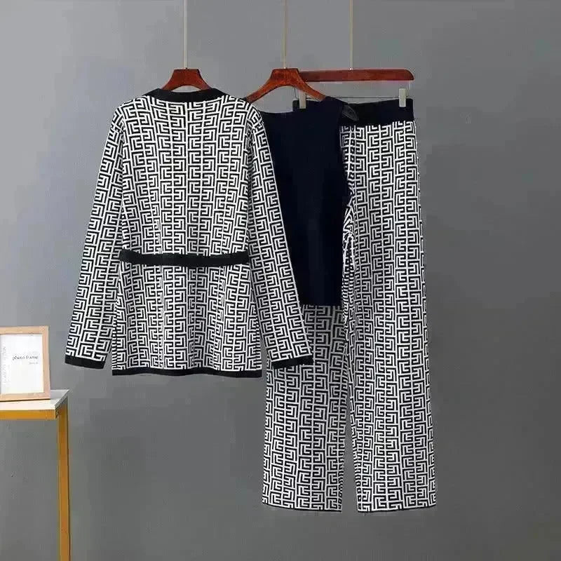 Women's Inverness V-neck Base Knitwear Wide-leg Trousers Three-piece Set - EX-STOCK CANADA