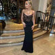 Women's Lace Jacquard Stitching Sheath Dress with V-Neck, Bare Chest and Suspenders Design - EX-STOCK CANADA
