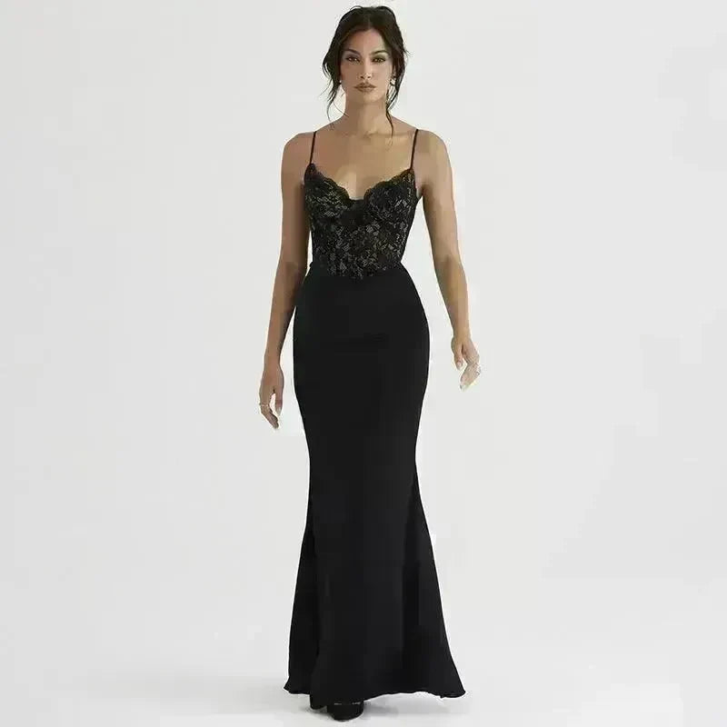 Women's Lace Jacquard Stitching Sheath Dress with V-Neck, Bare Chest and Suspenders Design - EX-STOCK CANADA