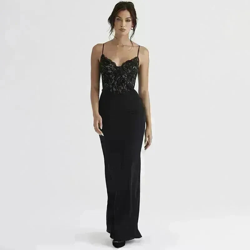 Women's Lace Jacquard Stitching Sheath Dress with V-Neck, Bare Chest and Suspenders Design - EX-STOCK CANADA