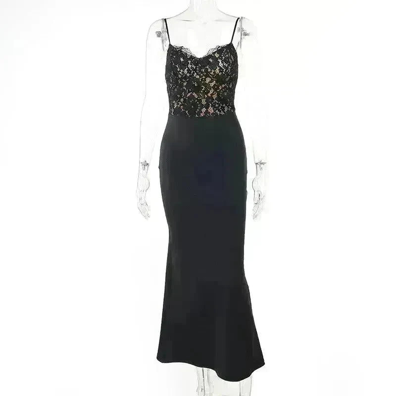 Women's Lace Jacquard Stitching Sheath Dress with V-Neck, Bare Chest and Suspenders Design - EX-STOCK CANADA