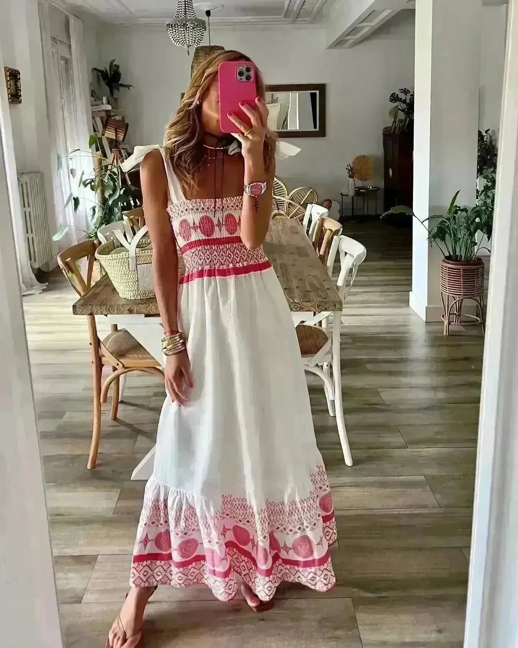 Women's Lace Up Printed Elastic Long Dress - EX-STOCK CANADA