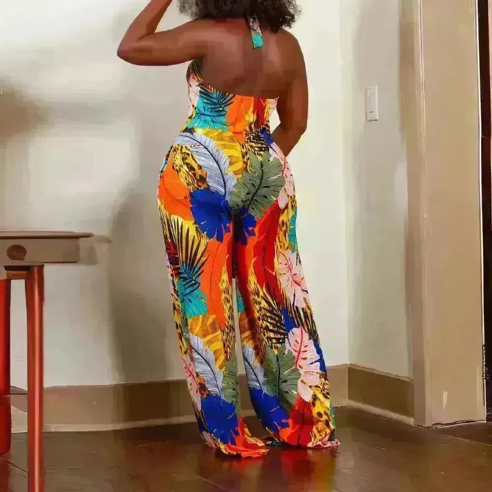 Women's Leaf Printed V-neck Jumpsuit - EX-STOCK CANADA