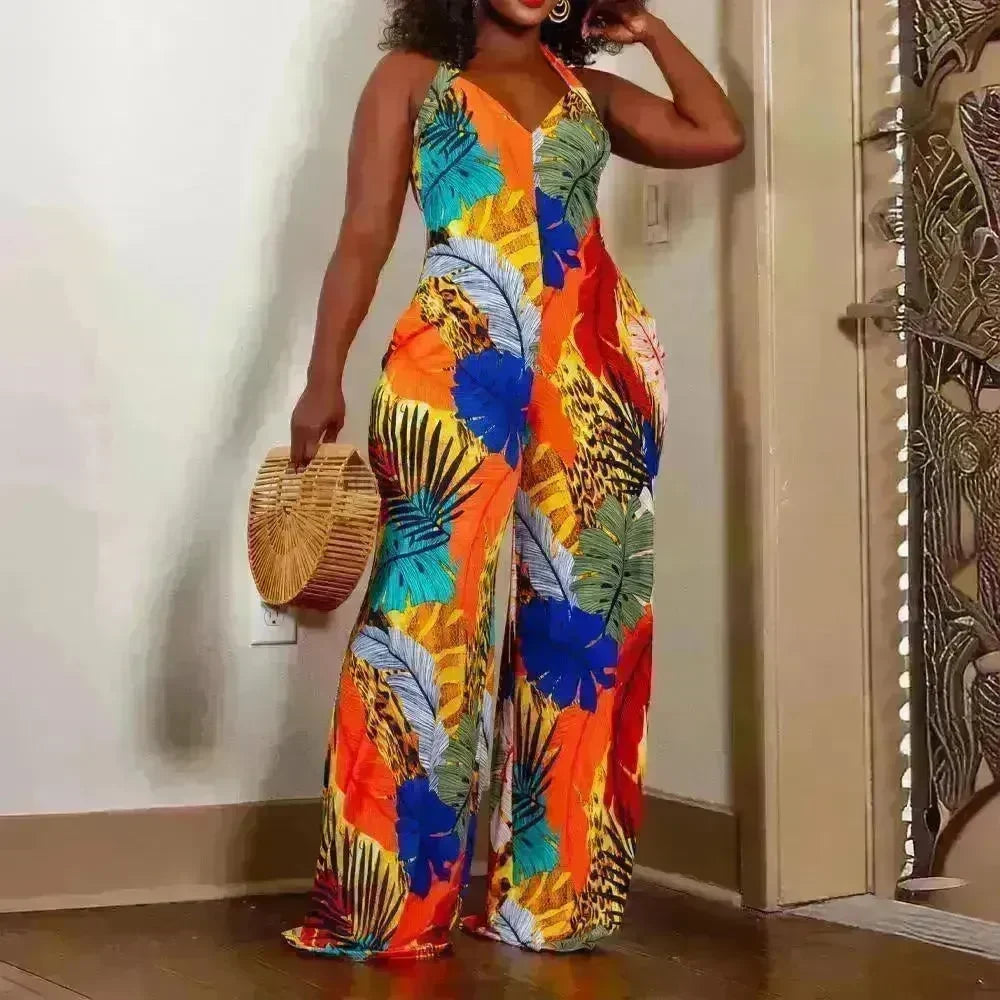 Women's Leaf Printed V-neck Jumpsuit - EX-STOCK CANADA