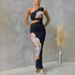 Women's One-shoulder Printed Voile Lace Slim Fit Two piece Dress - EX-STOCK CANADA