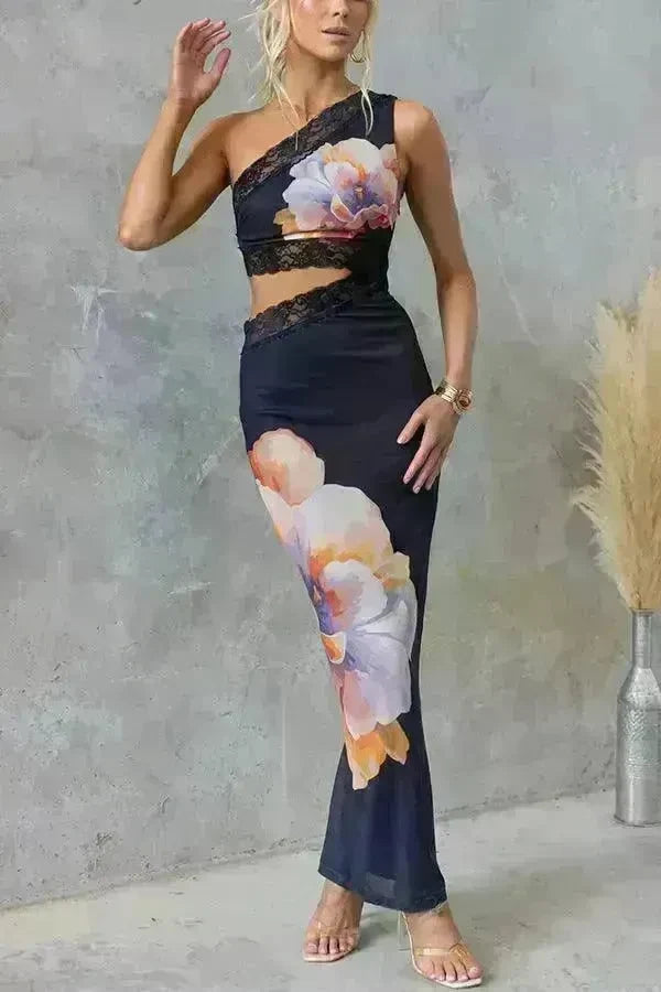 Women's One-shoulder Printed Voile Lace Slim Fit Two piece Dress - EX-STOCK CANADA