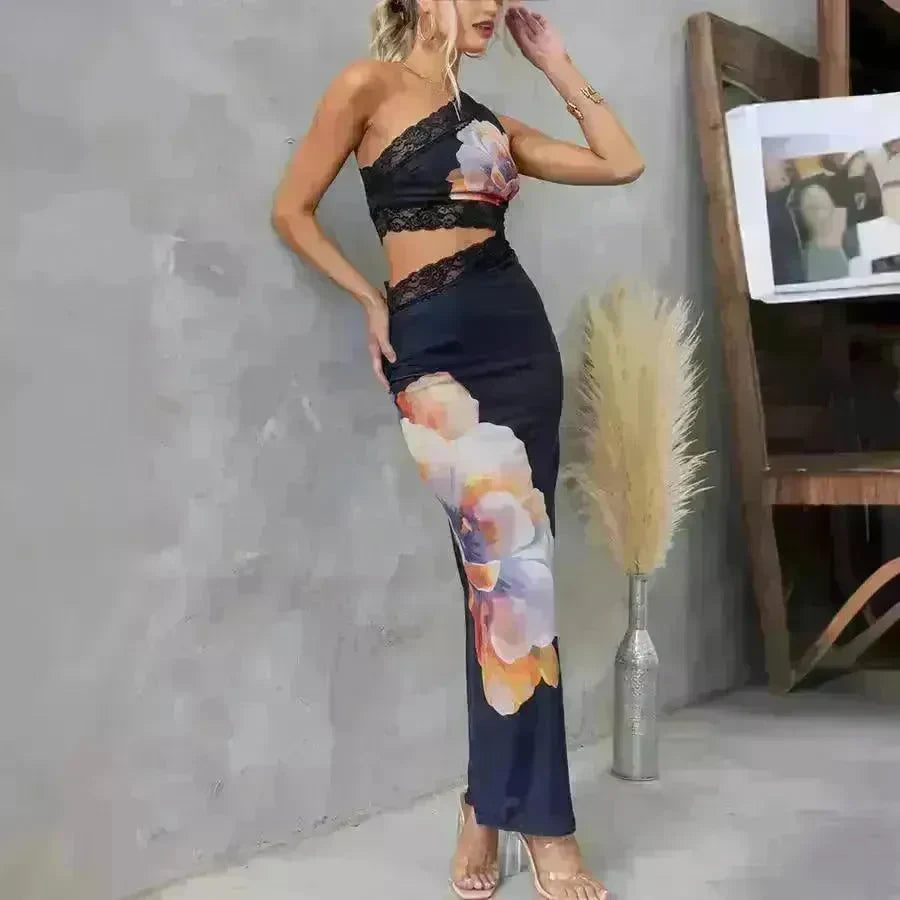Women's One-shoulder Printed Voile Lace Slim Fit Two piece Dress - EX-STOCK CANADA