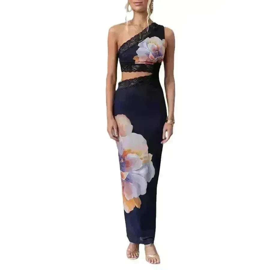 Women's One-shoulder Printed Voile Lace Slim Fit Two piece Dress - EX-STOCK CANADA