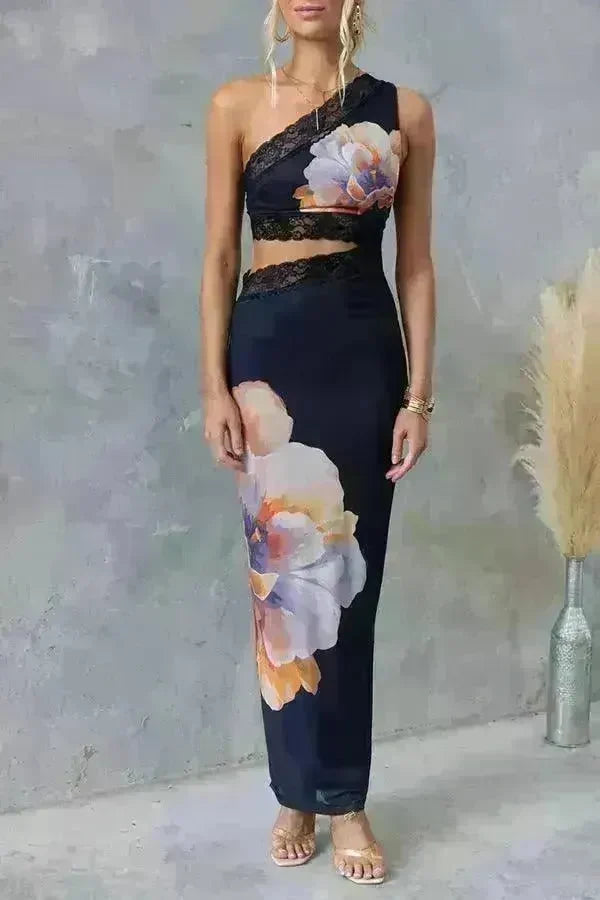 Women's One-shoulder Printed Voile Lace Slim Fit Two piece Dress - EX-STOCK CANADA