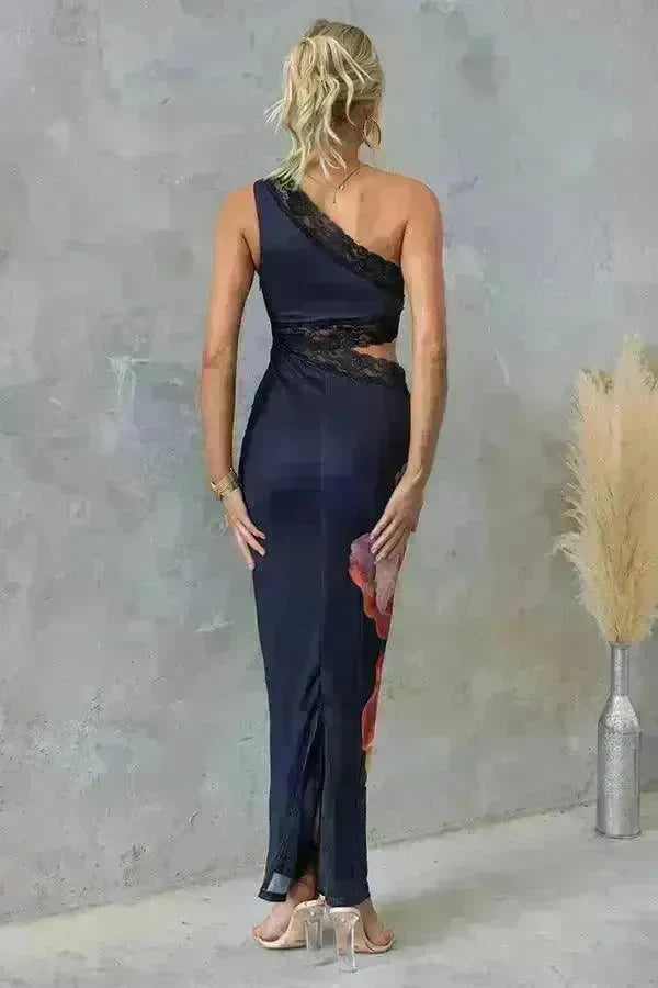 Women's One-shoulder Printed Voile Lace Slim Fit Two piece Dress - EX-STOCK CANADA