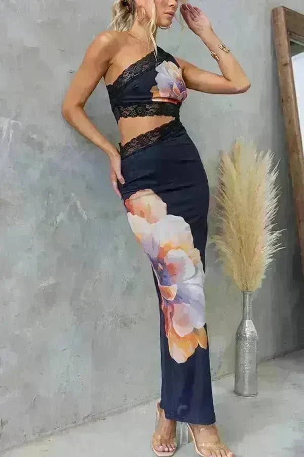 Women's One-shoulder Printed Voile Lace Slim Fit Two piece Dress - EX-STOCK CANADA