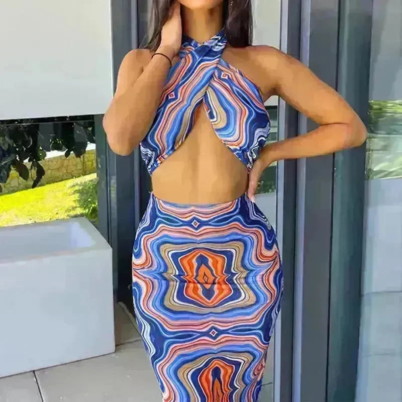 Women's Printed Halter Strap Strapless Slim Skirt Set - EX-STOCK CANADA
