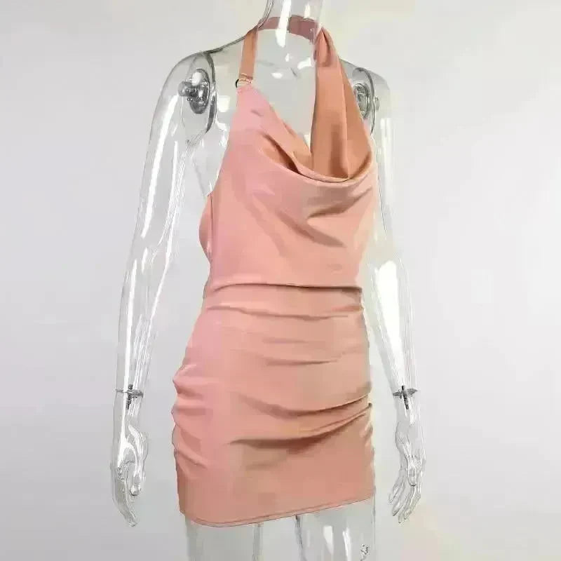 Women's Satin V Neck Backless No Sleeveless Summer Party Dress - EX-STOCK CANADA