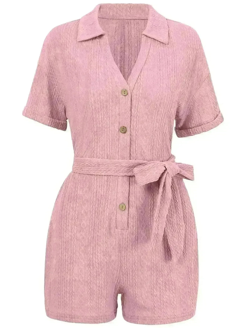 Women's Short-sleeved Shorts Jumpsuit Lace-up Turn-down Collar Solid Color Clothing Summer - EX-STOCK CANADA