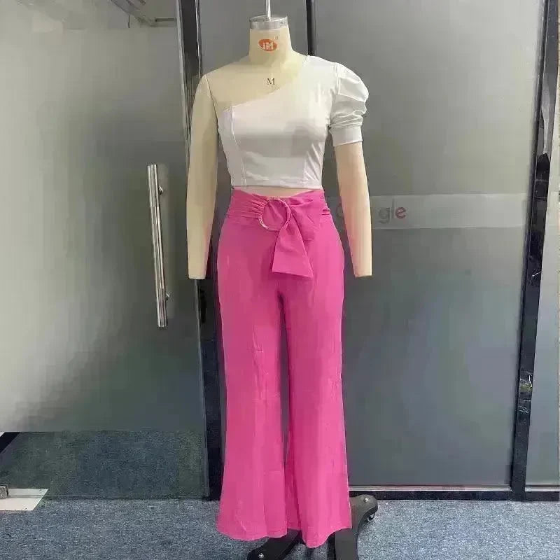 Women's Shoulder Puff Sleeve Top Wide Leg Pants Two-piece Set - EX-STOCK CANADA