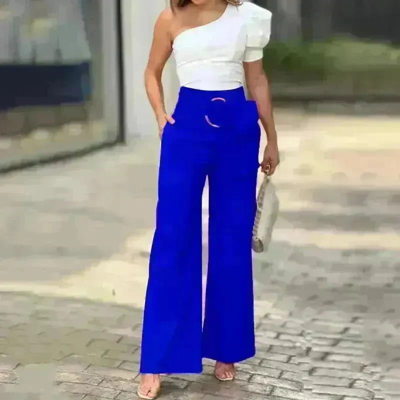 Women's Shoulder Puff Sleeve Top Wide Leg Pants Two-piece Set - EX-STOCK CANADA