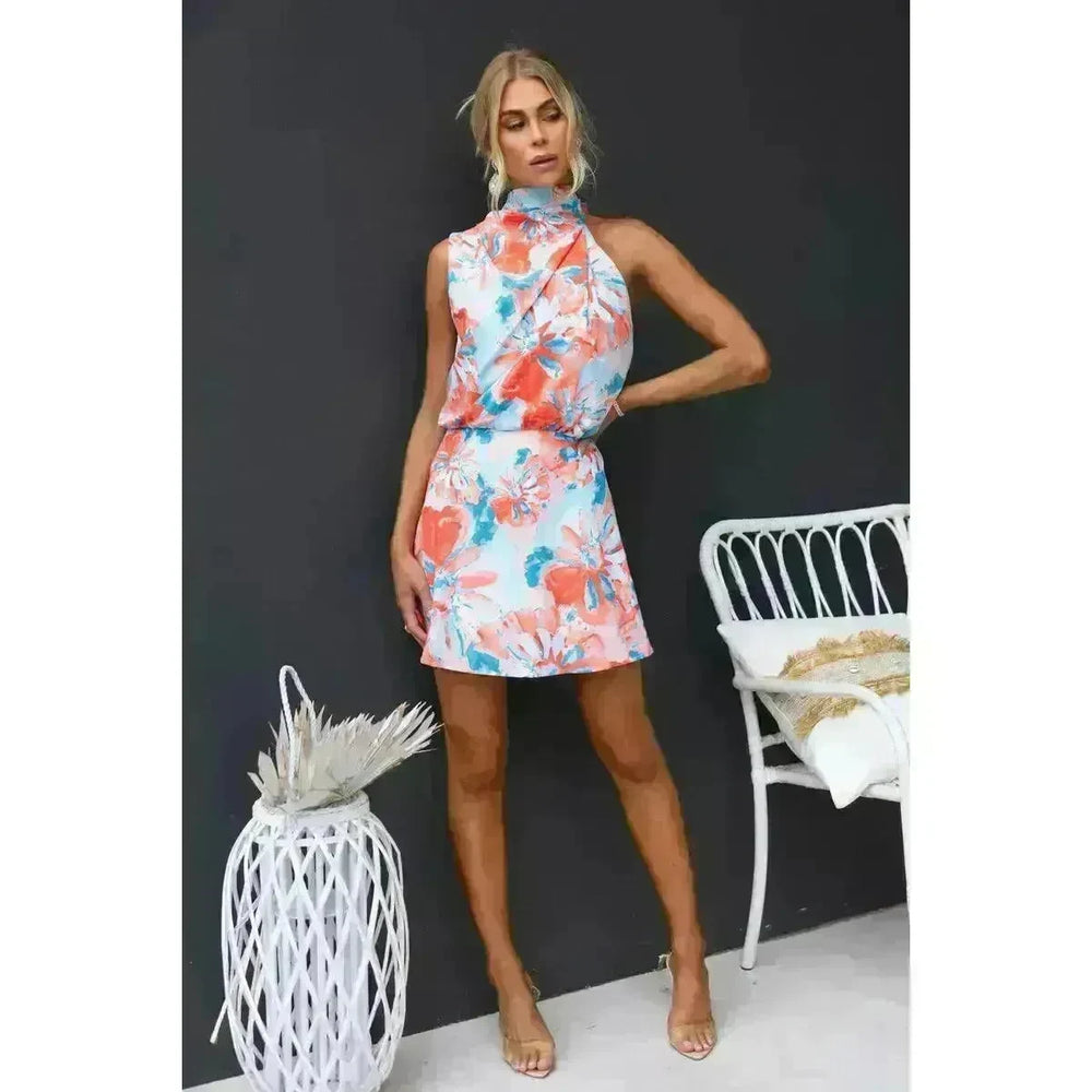 Women's Slant Shoulder Lace-up Printed Casual Loose Summer Vacation Mini Dress - EX-STOCK CANADA