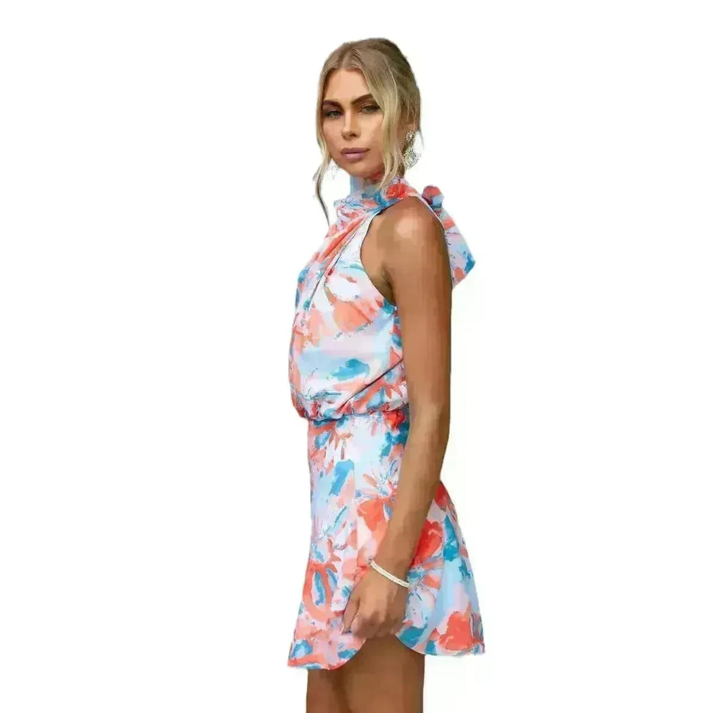 Women's Slant Shoulder Lace-up Printed Casual Loose Summer Vacation Mini Dress - EX-STOCK CANADA