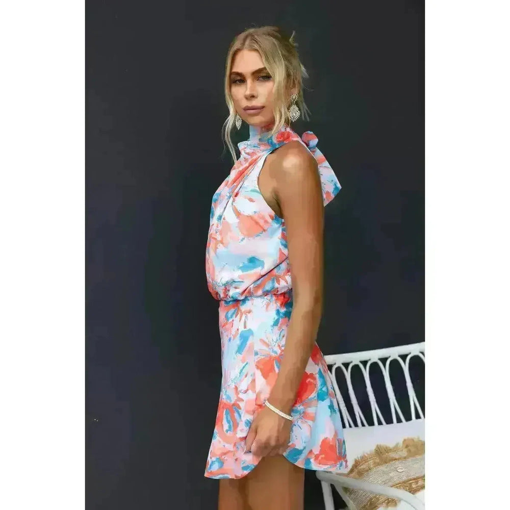Women's Slant Shoulder Lace-up Printed Casual Loose Summer Vacation Mini Dress - EX-STOCK CANADA