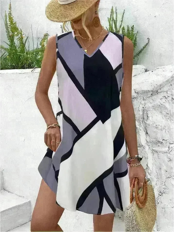 Women's Sleeveless V-neck Printed Loose Mini Dress - EX-STOCK CANADA