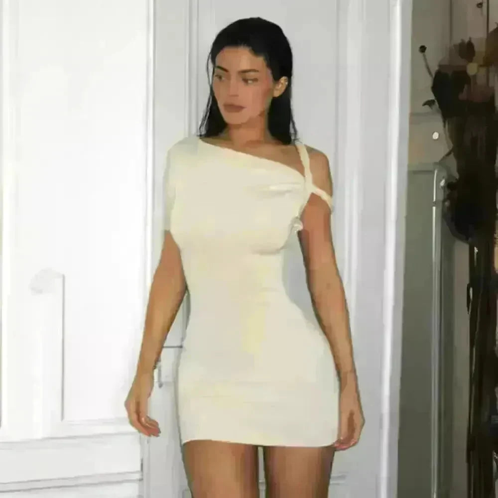 Women's Slim Hip Dress Summer Fashion One-shoulder Short Sleeve Solid Color Mini Dress - EX-STOCK CANADA