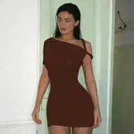 Women's Slim Hip Dress Summer Fashion One-shoulder Short Sleeve Solid Color Mini Dress - EX-STOCK CANADA