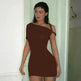 Women's Slim Hip Dress Summer Fashion One-shoulder Short Sleeve Solid Color Mini Dress - EX-STOCK CANADA